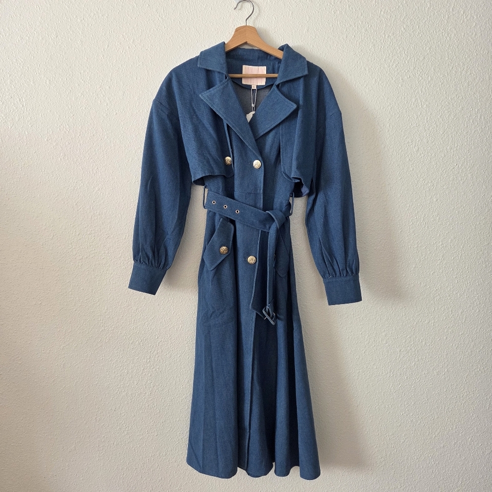 Sz XS Ivy City Co. Denim Double Breasted West End Trench Coat Cuffs Belted
